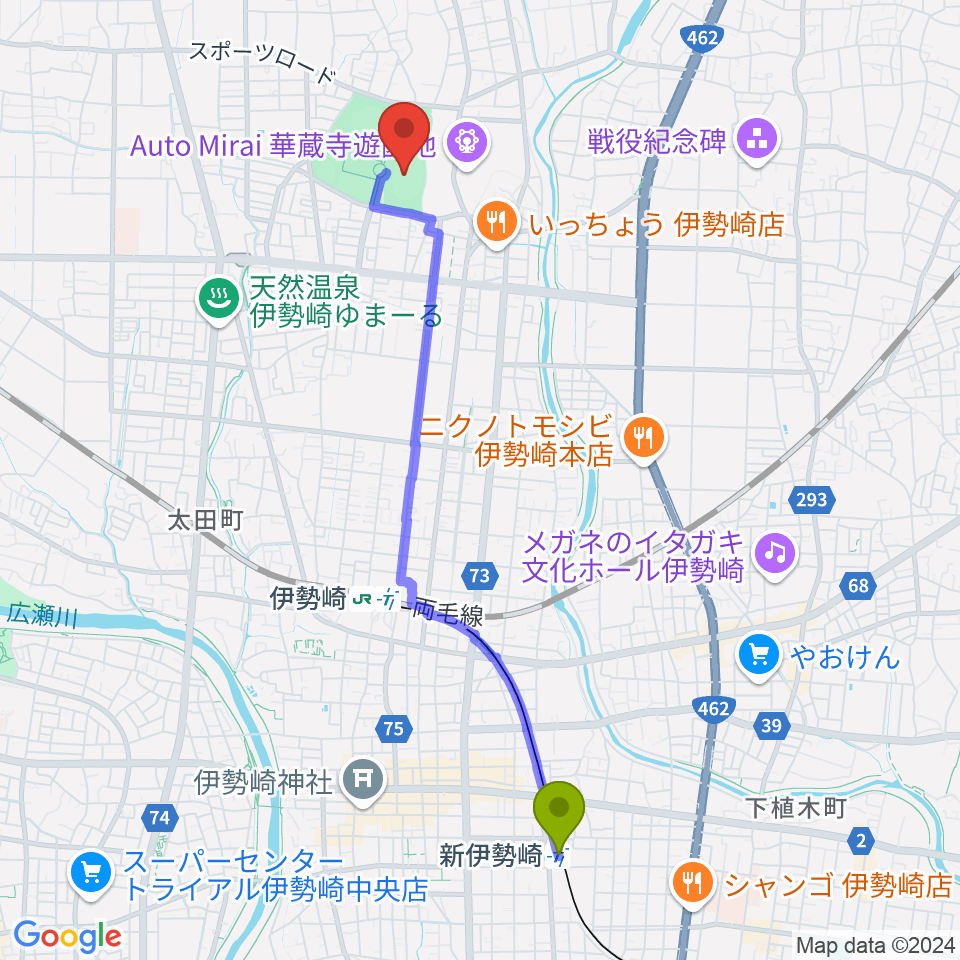 新伊勢崎駅から伊勢崎市陸上競技場へのルートマップ地図