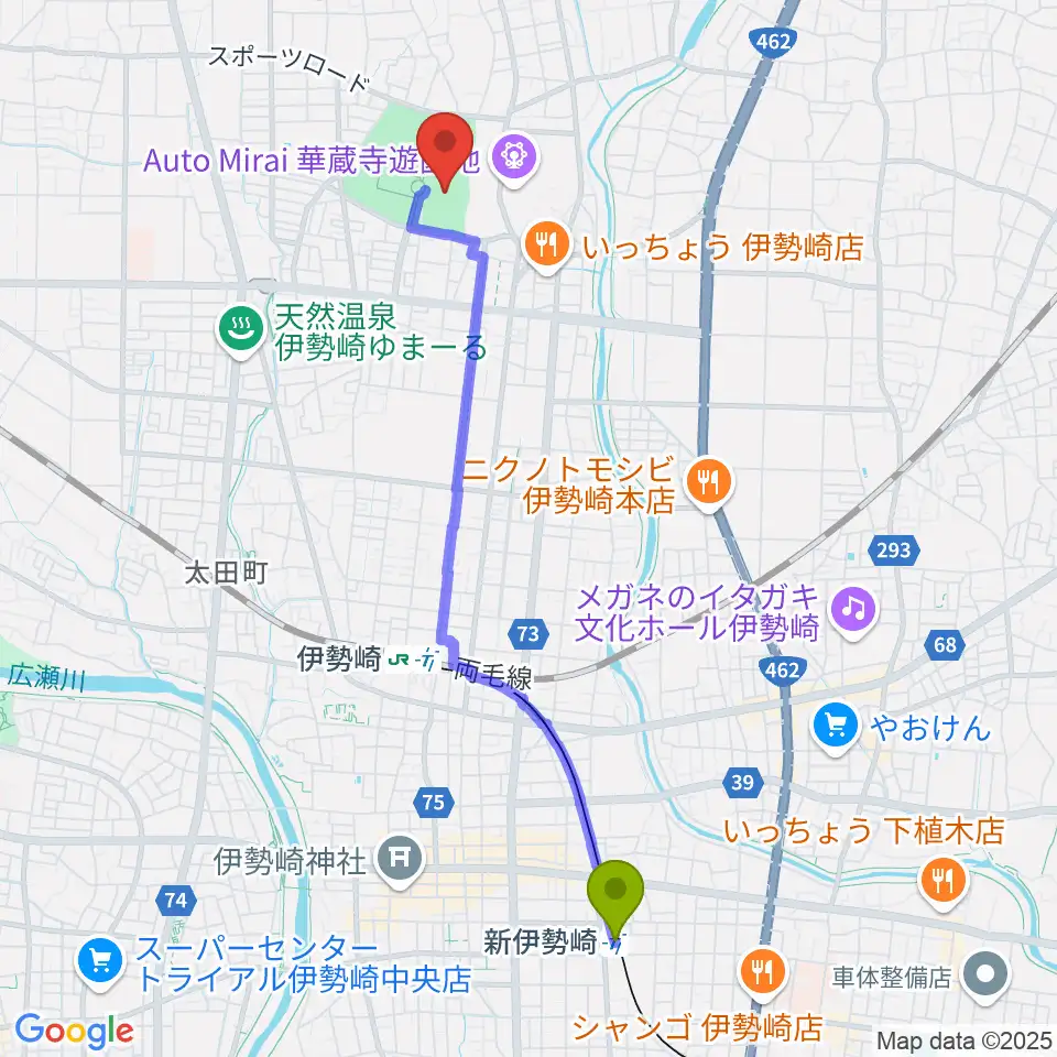 新伊勢崎駅から伊勢崎市陸上競技場へのルートマップ地図