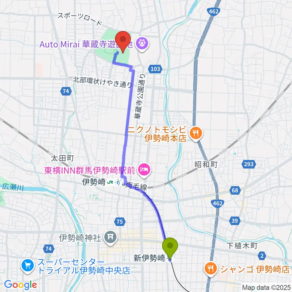新伊勢崎駅から伊勢崎市陸上競技場へのルートマップ地図