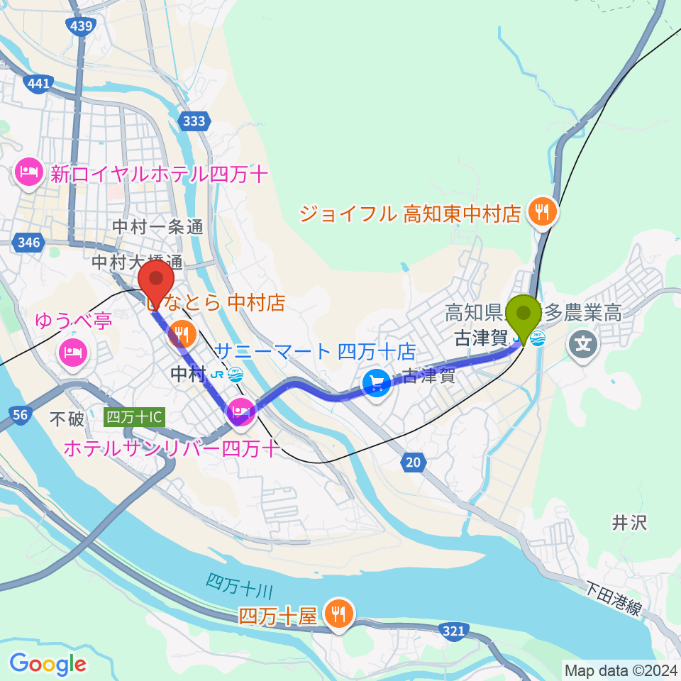 古津賀駅からしまんとぴあ 四万十市総合文化センターへのルートマップ地図