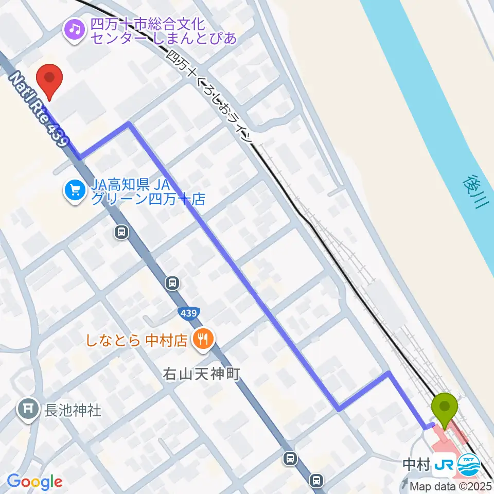 しまんとぴあ 四万十市総合文化センターの最寄駅中村駅からの徒歩ルート（約8分）地図