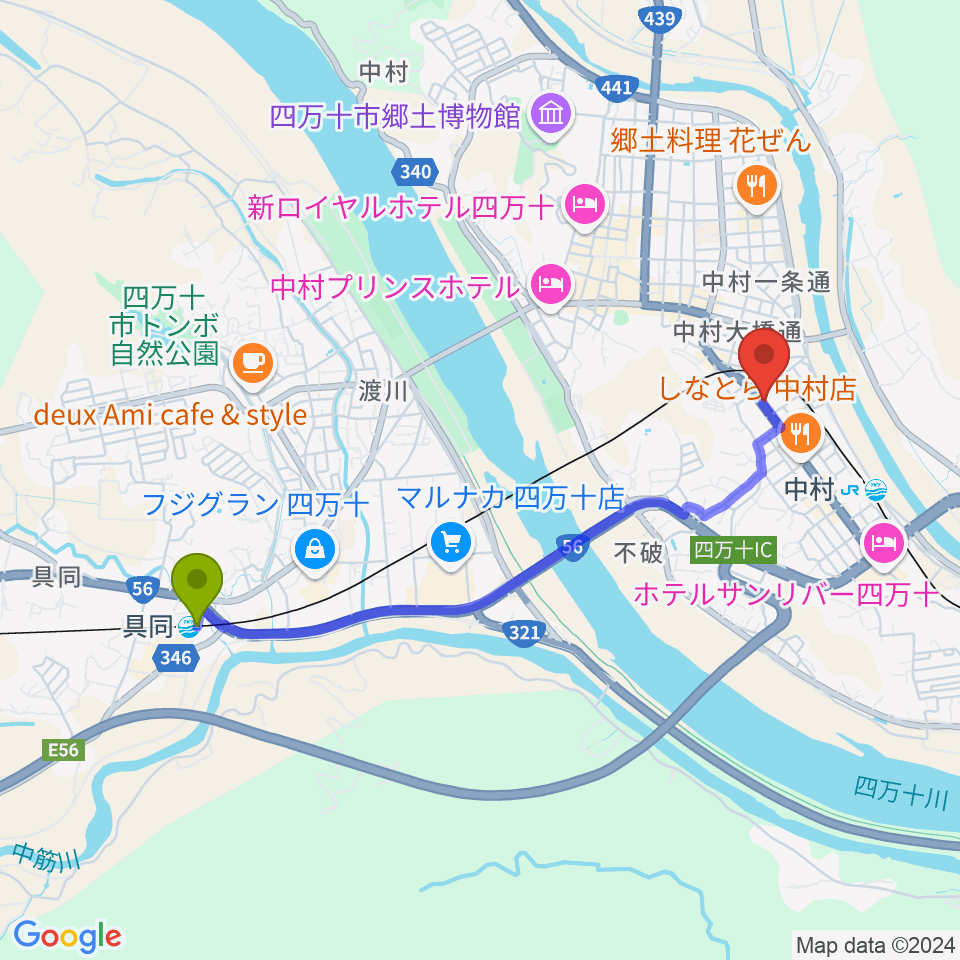 具同駅からしまんとぴあ 四万十市総合文化センターへのルートマップ地図