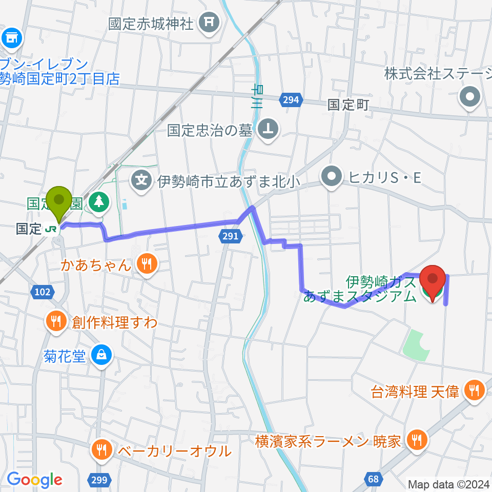 伊勢崎ガスあずまスタジアムの最寄駅国定駅からの徒歩ルート（約24分）地図