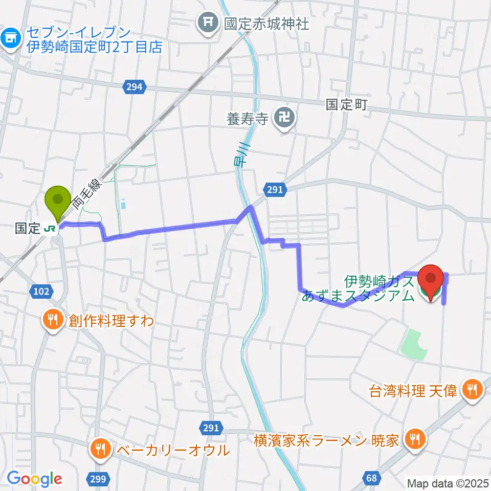 伊勢崎ガスあずまスタジアムの最寄駅国定駅からの徒歩ルート（約24分）地図