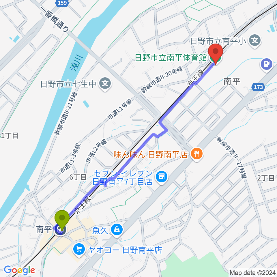 日野市立南平体育館の最寄駅南平駅からの徒歩ルート（約13分）地図