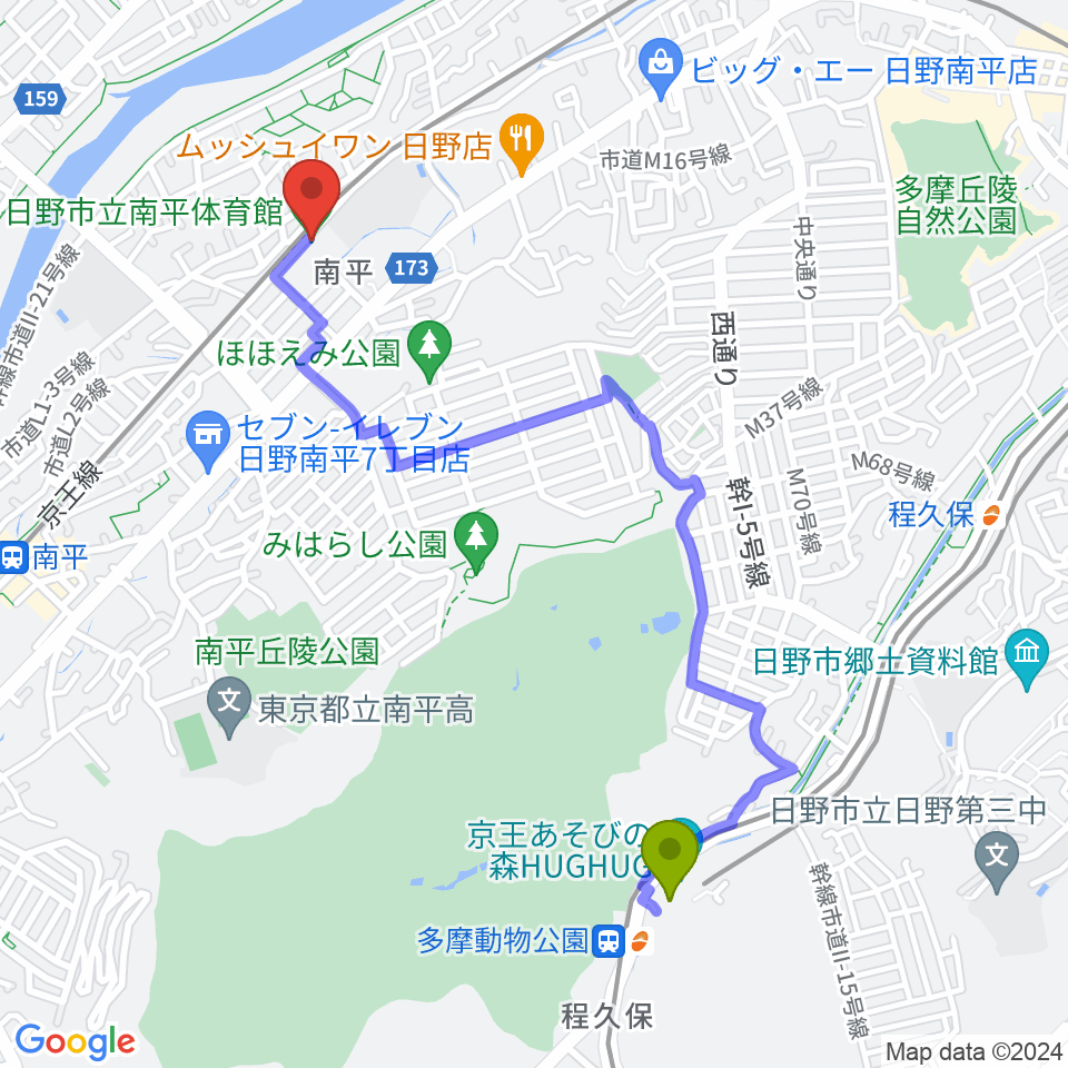 多摩動物公園駅から日野市立南平体育館へのルートマップ地図