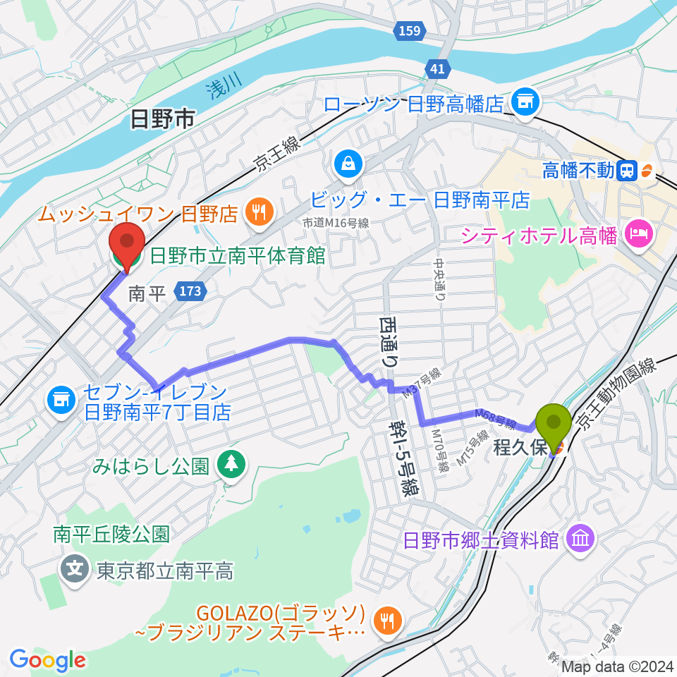 程久保駅から日野市立南平体育館へのルートマップ地図