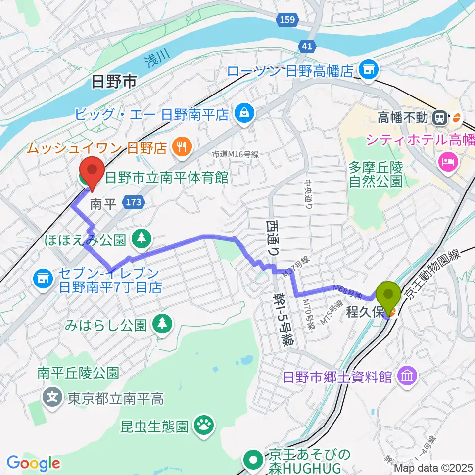 程久保駅からフクシ・エンタープライズ南平アリーナへのルートマップ地図