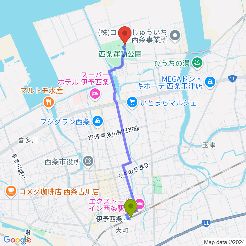 西条市総合体育館の最寄駅伊予西条駅からの徒歩ルート（約44分）地図