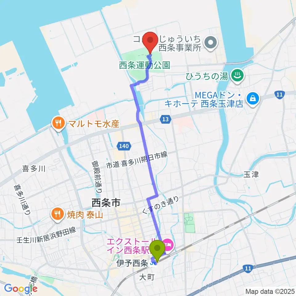 西条市総合体育館の最寄駅伊予西条駅からの徒歩ルート（約44分）地図