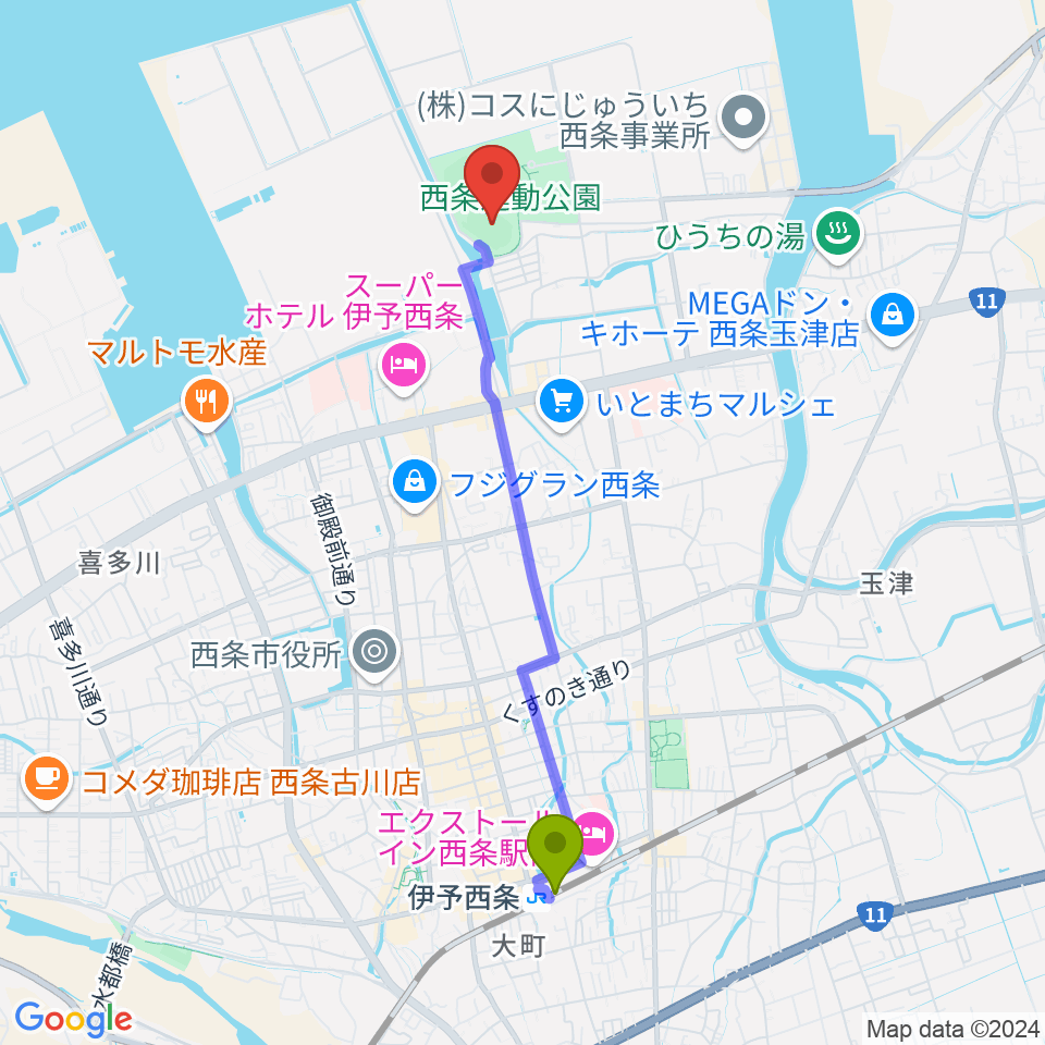  西条市ひうち陸上競技場の最寄駅伊予西条駅からの徒歩ルート（約41分）地図