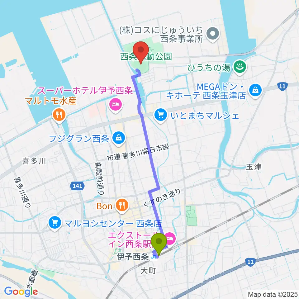  西条市ひうち陸上競技場の最寄駅伊予西条駅からの徒歩ルート（約41分）地図