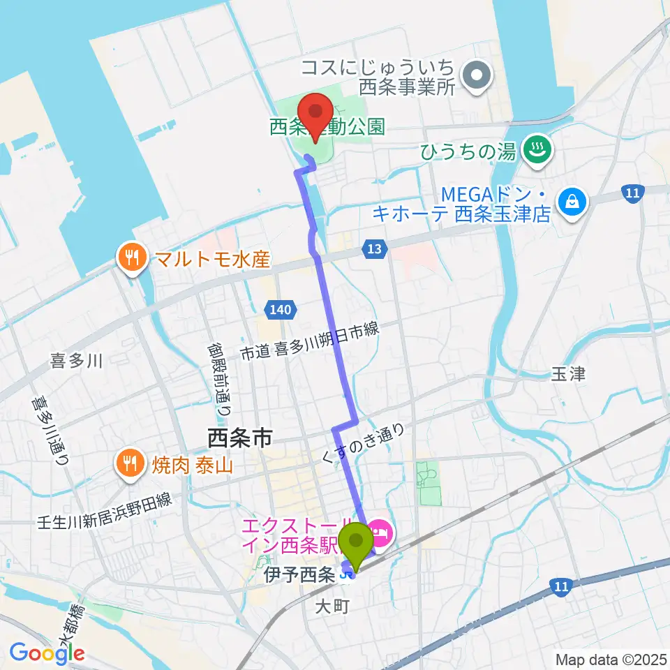  西条市ひうち陸上競技場の最寄駅伊予西条駅からの徒歩ルート（約41分）地図