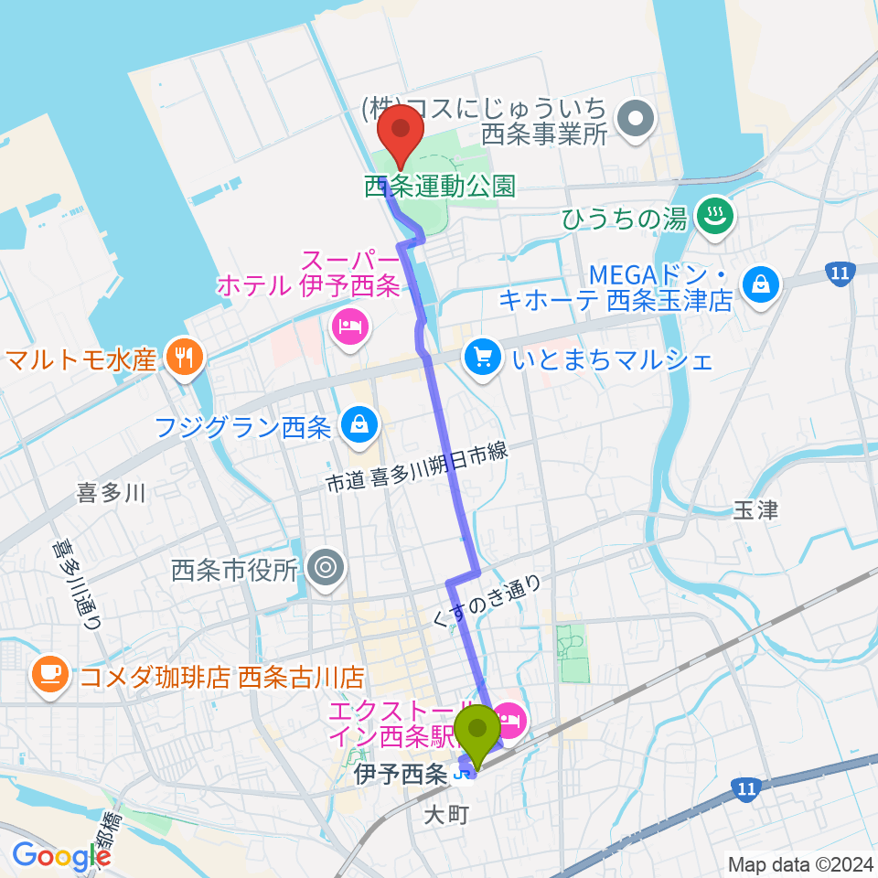 西条市ひうち球場の最寄駅伊予西条駅からの徒歩ルート（約44分）地図