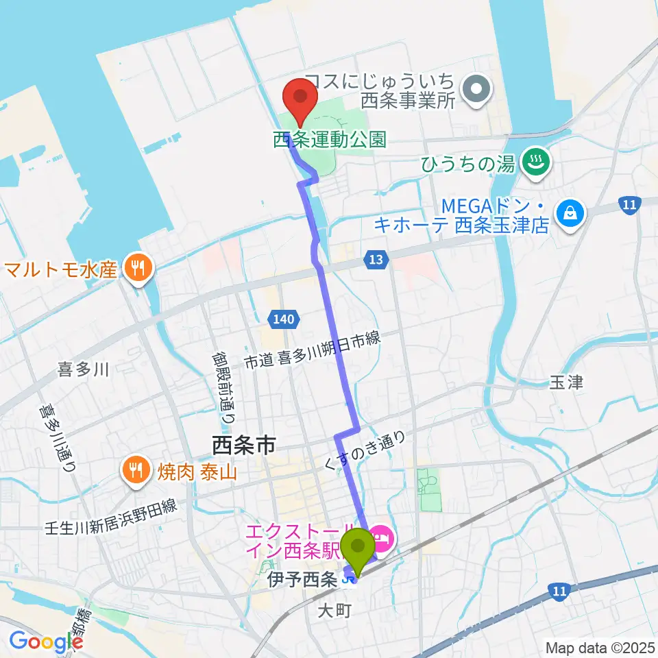 西条市ひうち球場の最寄駅伊予西条駅からの徒歩ルート（約44分）地図