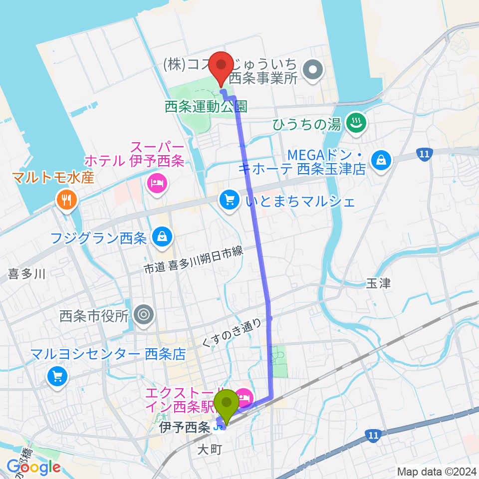 西条市ひうち体育館の最寄駅伊予西条駅からの徒歩ルート（約45分）地図