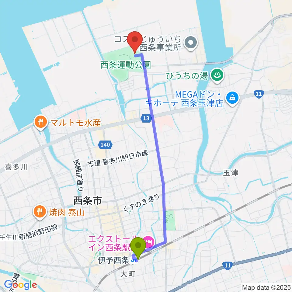 西条市ひうち体育館の最寄駅伊予西条駅からの徒歩ルート（約45分）地図