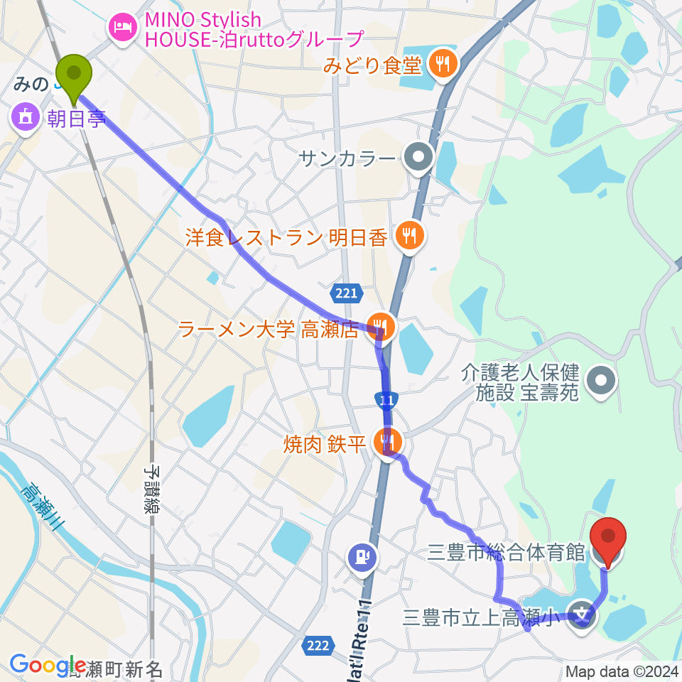 みの駅から三豊市総合体育館へのルートマップ地図