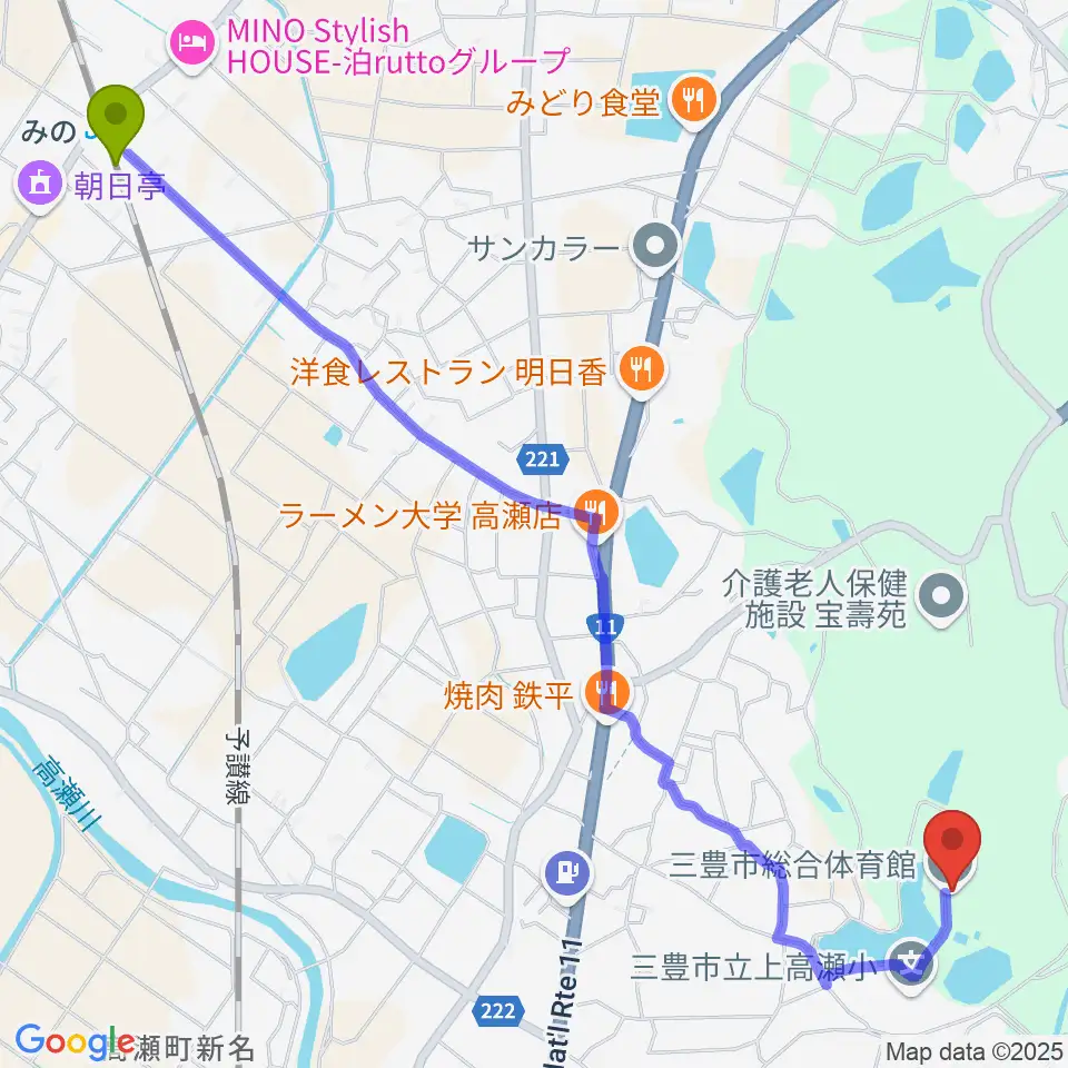 みの駅から三豊市総合体育館へのルートマップ地図