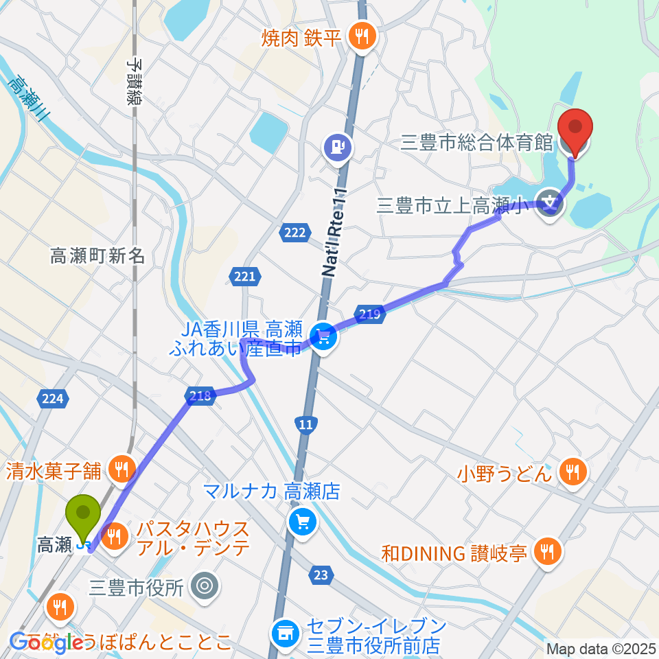 三豊市総合体育館の最寄駅高瀬駅からの徒歩ルート（約30分）地図