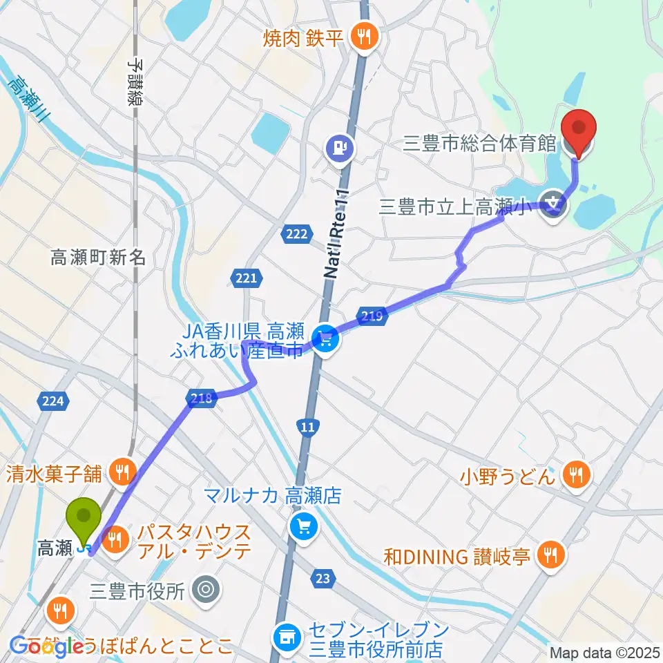 三豊市総合体育館の最寄駅高瀬駅からの徒歩ルート（約30分）地図