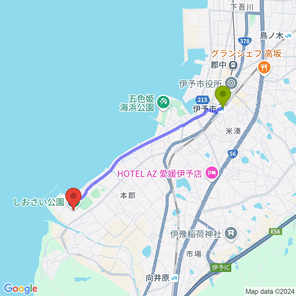 伊予市駅から伊予市民体育館へのルートマップ地図