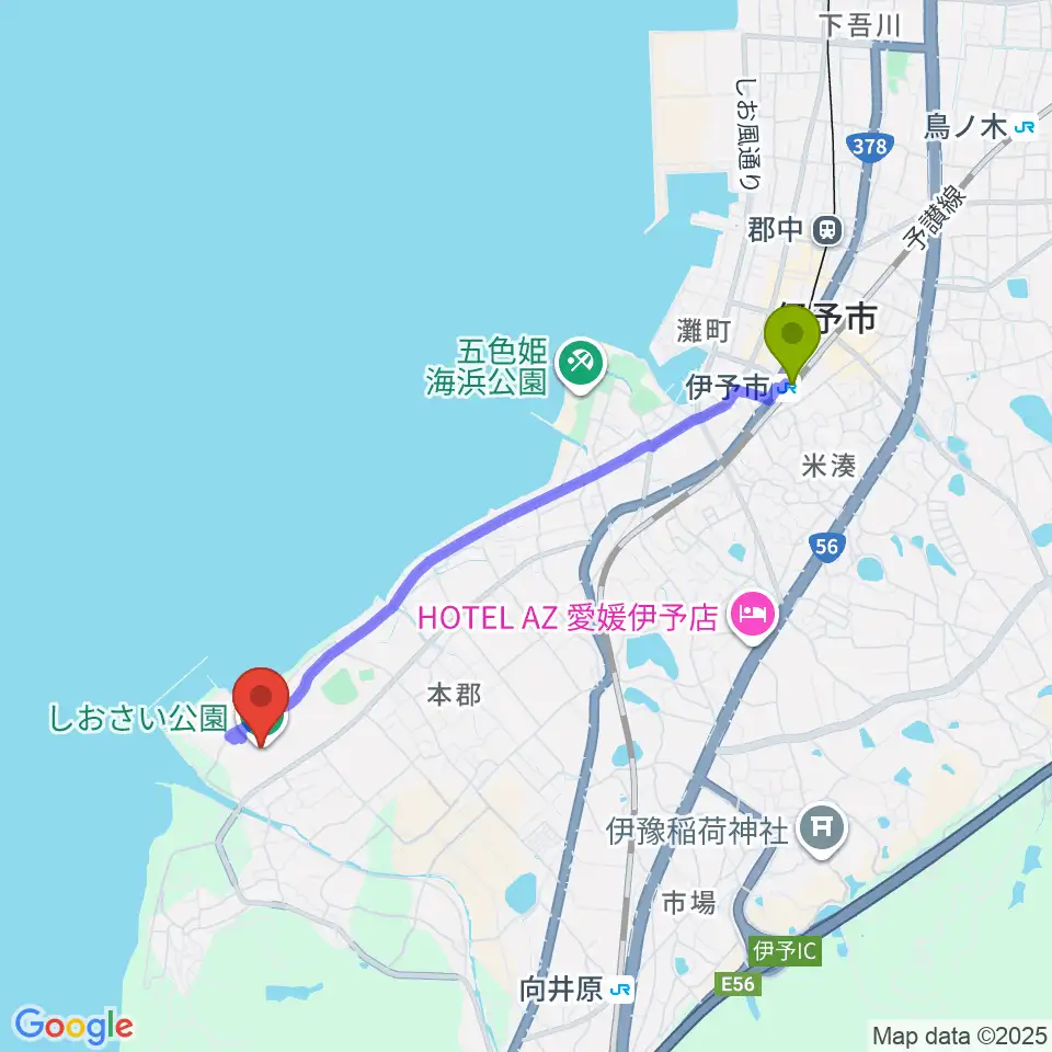伊予市駅から伊予市民体育館へのルートマップ地図