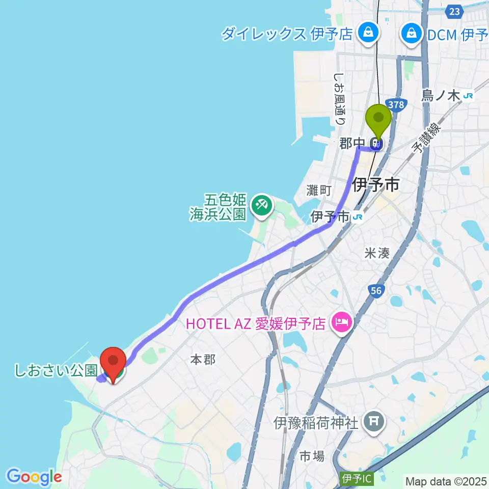 郡中駅から伊予市民体育館へのルートマップ地図