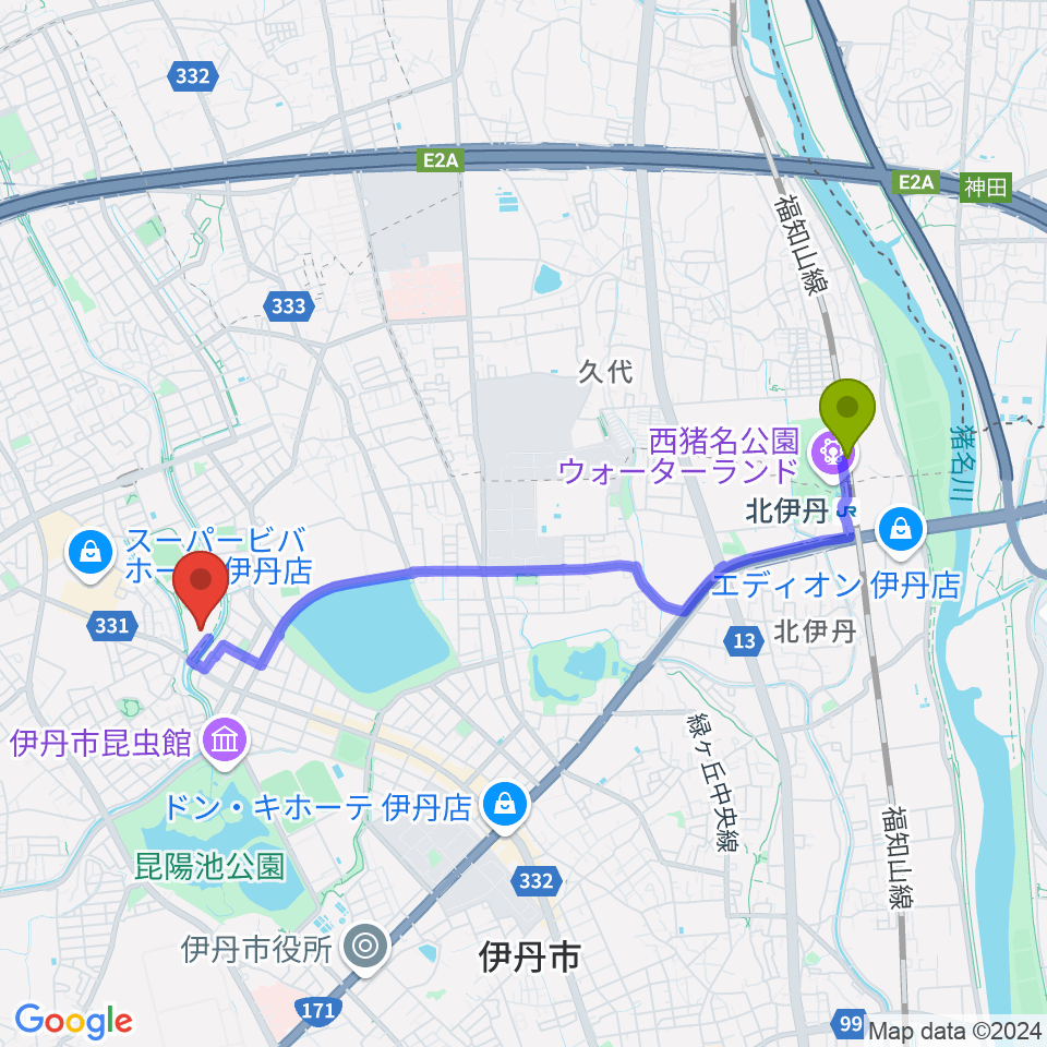 伊丹スポーツセンター体育館の最寄駅北伊丹駅からの徒歩ルート（約40分）地図