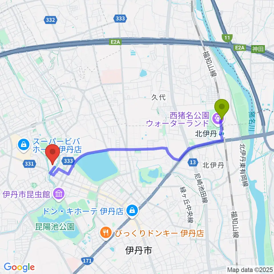 伊丹スポーツセンター体育館の最寄駅北伊丹駅からの徒歩ルート（約40分）地図