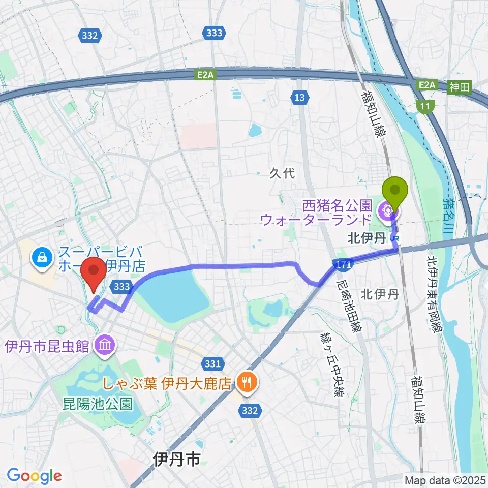 TOYO TIRES伊丹スポーツセンター体育館の最寄駅北伊丹駅からの徒歩ルート（約40分）地図