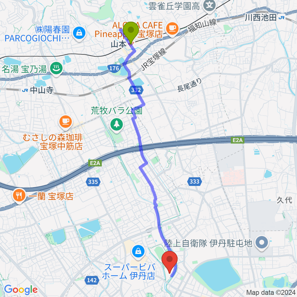 山本駅から伊丹スポーツセンター体育館へのルートマップ地図