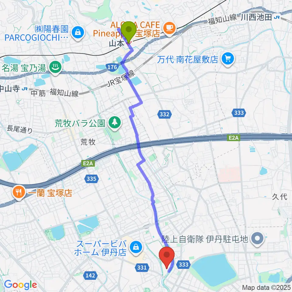 山本駅からTOYO TIRES伊丹スポーツセンター体育館へのルートマップ地図