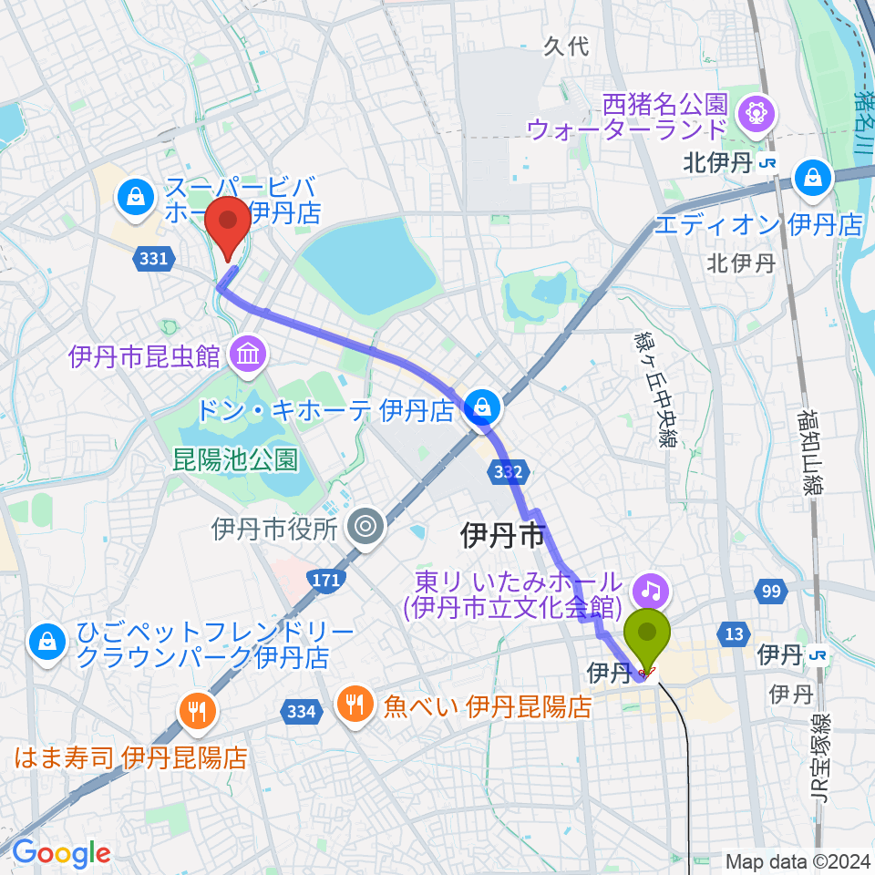 伊丹駅から伊丹スポーツセンター体育館へのルートマップ地図