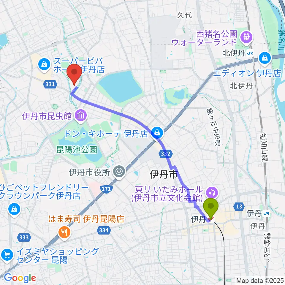 伊丹駅から伊丹スポーツセンター体育館へのルートマップ地図