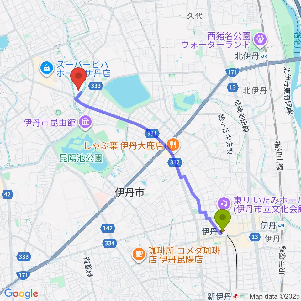 伊丹駅からTOYO TIRES伊丹スポーツセンター体育館へのルートマップ地図