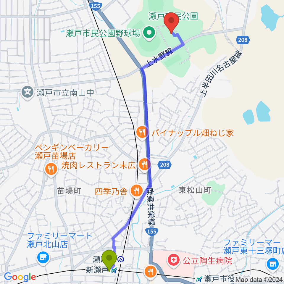 新瀬戸駅から瀬戸市体育館・第二体育館へのルートマップ地図