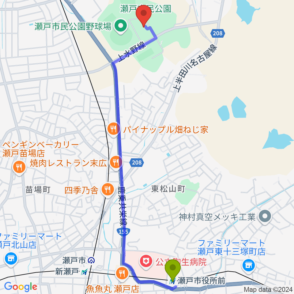 瀬戸市役所前駅から瀬戸市体育館・第二体育館へのルートマップ地図