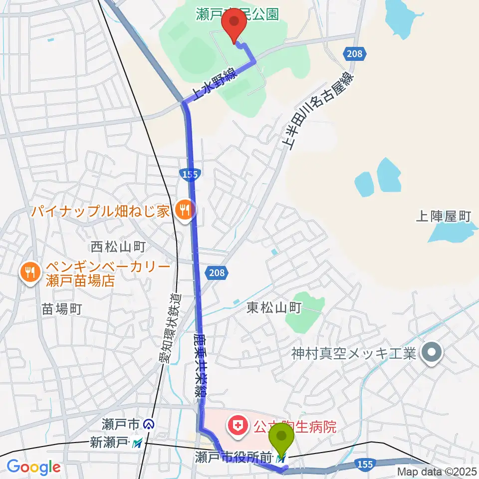 瀬戸市役所前駅から瀬戸市体育館・第二体育館へのルートマップ地図