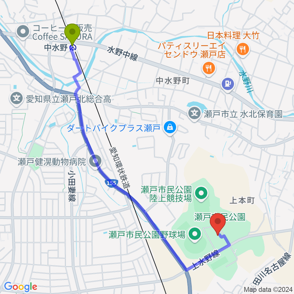 瀬戸市体育館・第二体育館の最寄駅中水野駅からの徒歩ルート（約25分）地図