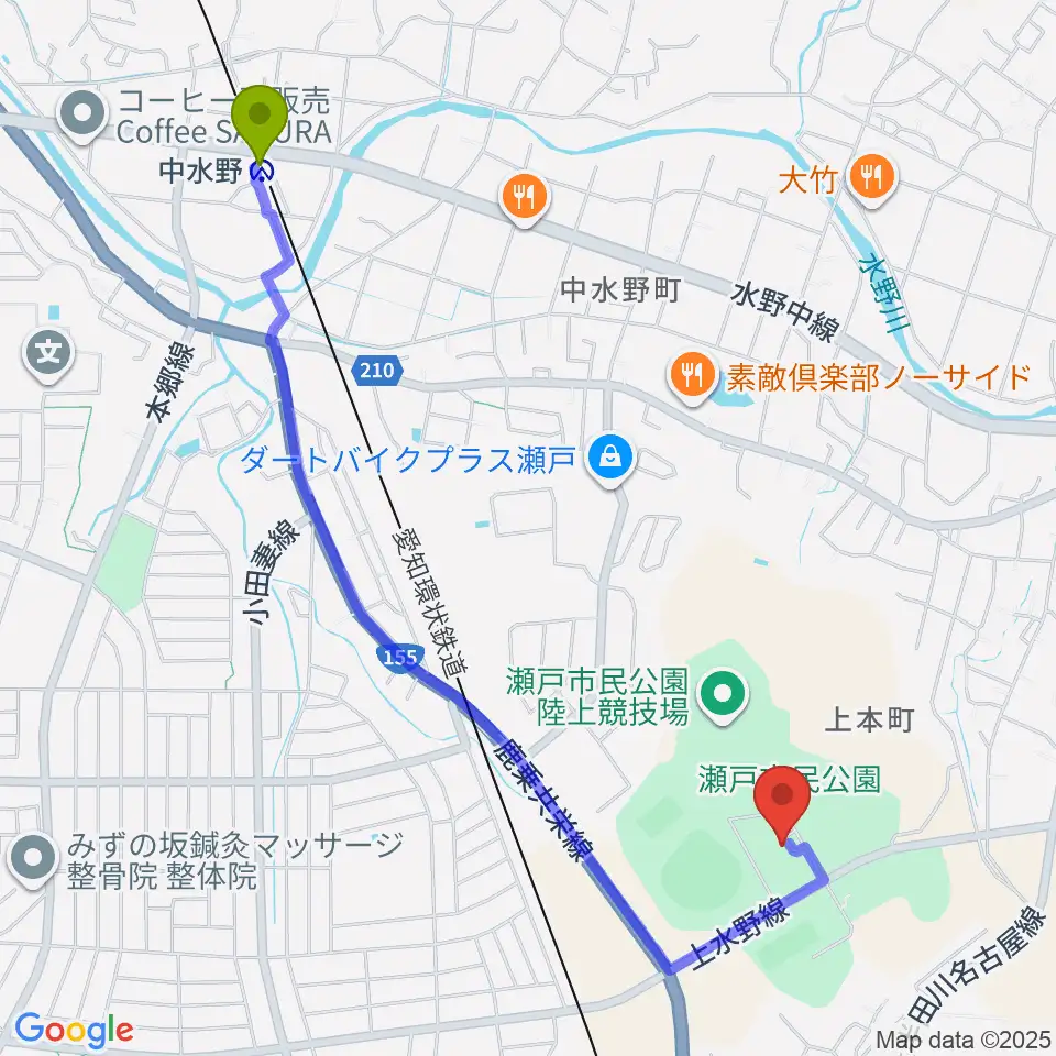 瀬戸市体育館・第二体育館の最寄駅中水野駅からの徒歩ルート（約25分）地図