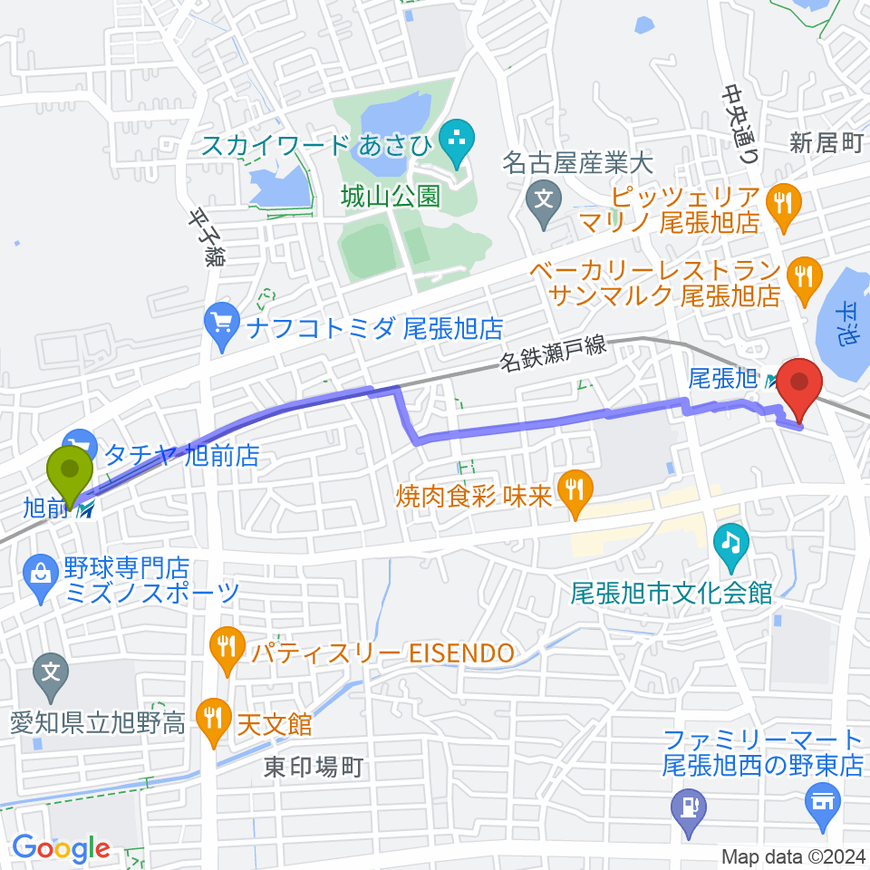 旭前駅から尾張旭市総合体育館へのルートマップ地図