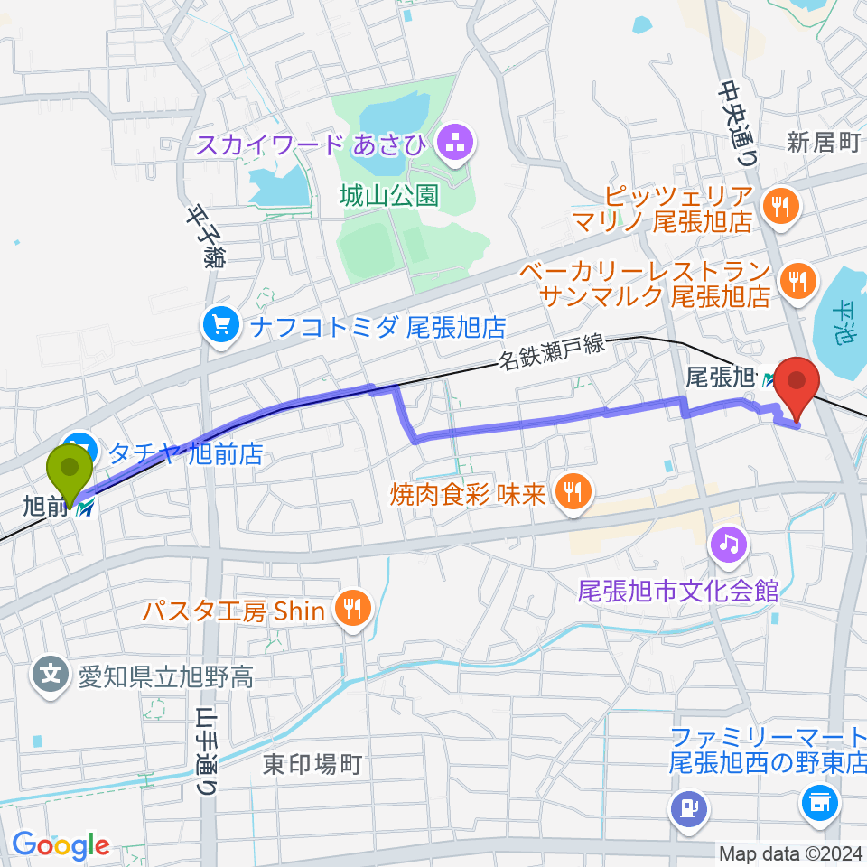 旭前駅から尾張旭市総合体育館へのルートマップ地図