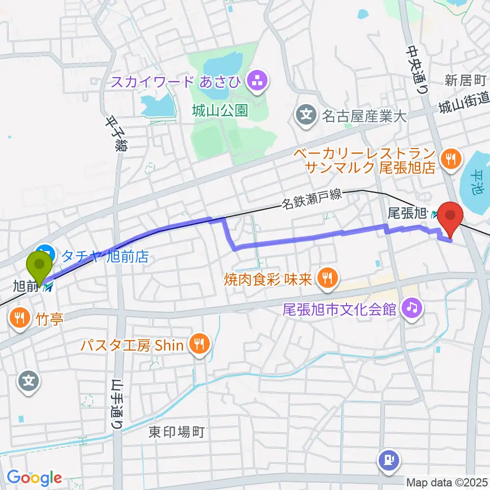 旭前駅から尾張旭市総合体育館へのルートマップ地図