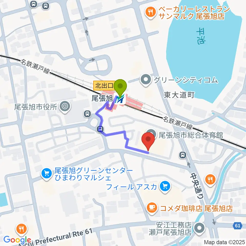 尾張旭市総合体育館の最寄駅尾張旭駅からの徒歩ルート（約2分）地図