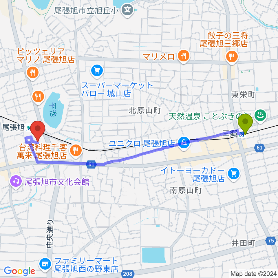 三郷駅から尾張旭市総合体育館へのルートマップ地図