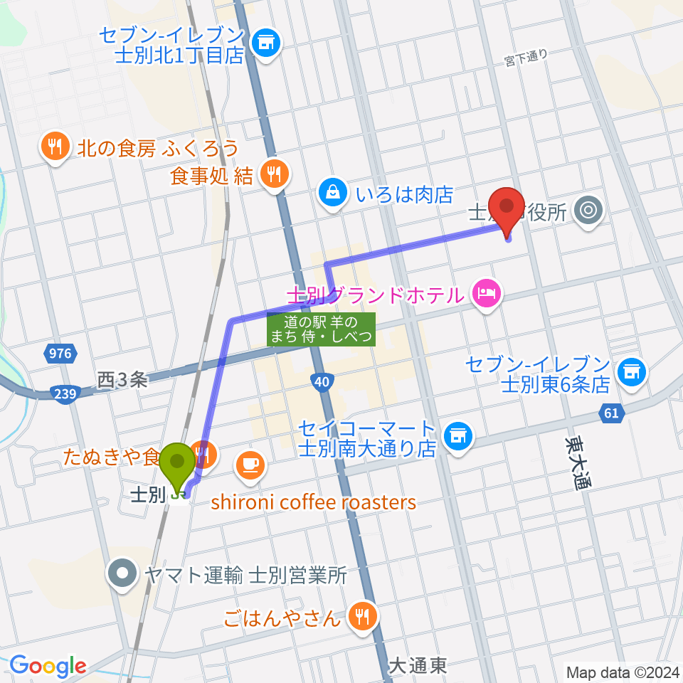 士別市総合体育館の最寄駅士別駅からの徒歩ルート（約17分）地図