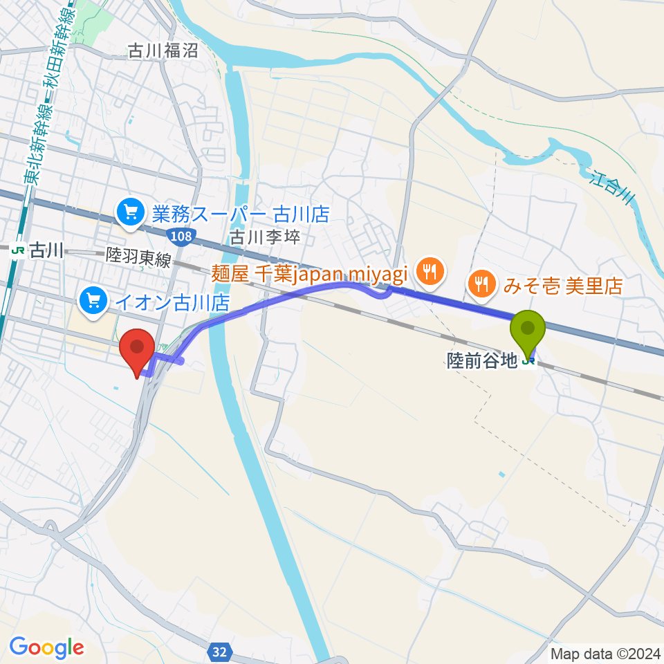 陸前谷地駅からタカカツアリーナ大崎へのルートマップ地図