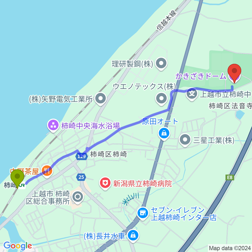 かきざきドームの最寄駅柿崎駅からの徒歩ルート（約29分）地図