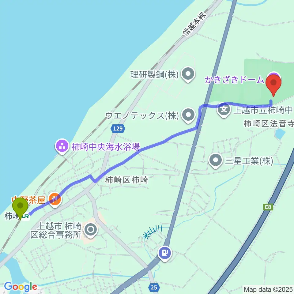 かきざきドームの最寄駅柿崎駅からの徒歩ルート（約29分）地図